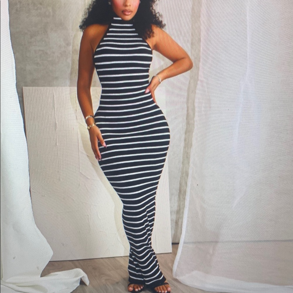 Sleeveless Black & White Striped Maxi Dress